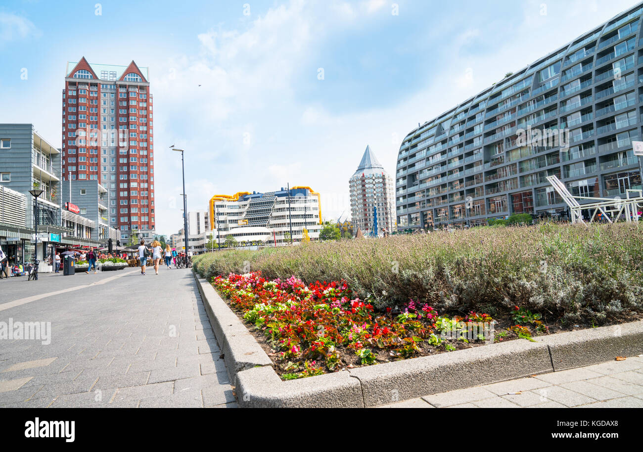 Rotterdam, Niederlande - 21 August, 2017; Menschen laufen durch die Stadt, durch Sammlung umgeben architektonisch einzigartigen Gebäude mit Halle o Stockfoto