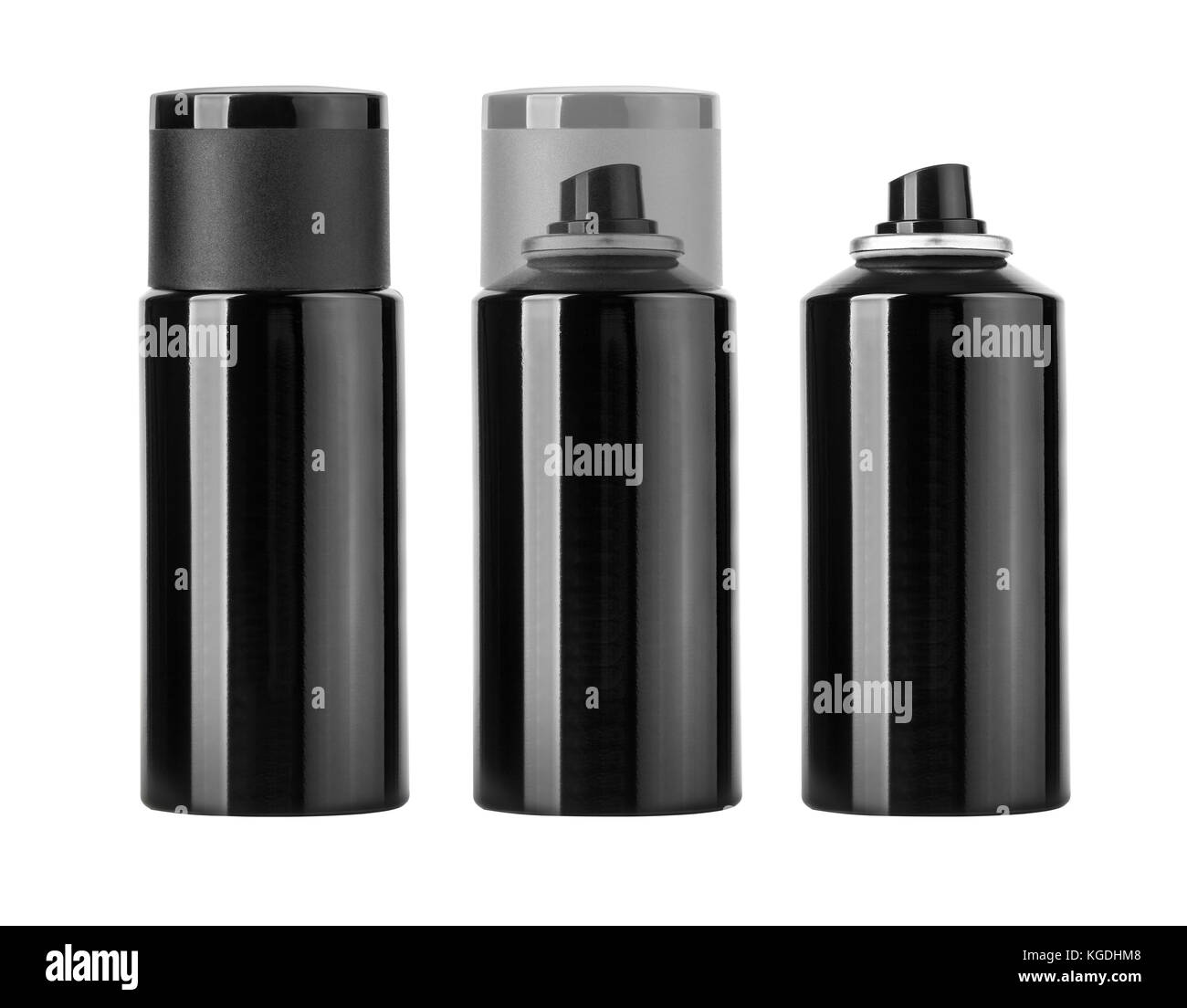 Leere schwarze Spraydose auf weißem Hintergrund, Stockfoto