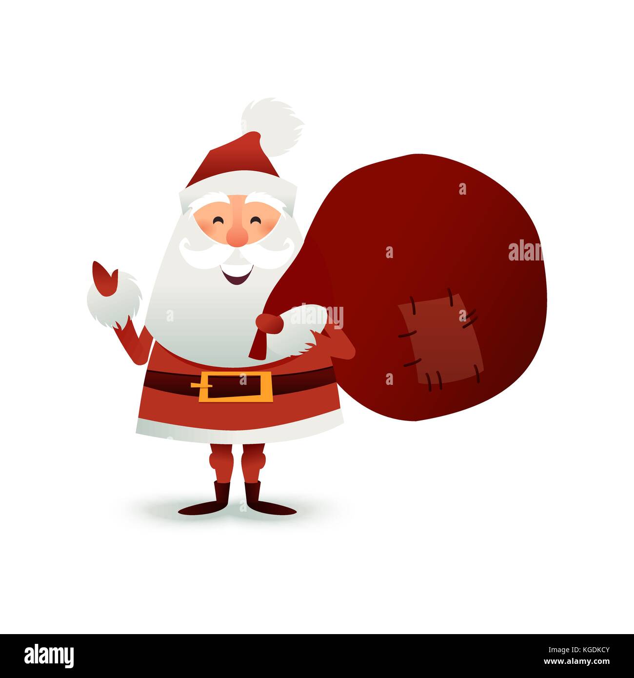 Weihnachtsmann mit Sack voller Geschenk- und Geschenkschachteln. Frohe Weihnachten Vater Cartoon-Figur. Niedlicher Weihnachtsmann für das Weihnachtsdesign. Grußkarte für das neue Jahr zur Einladung, herzlichen Glückwunsch. Flache Vektorgrafik. Stock Vektor