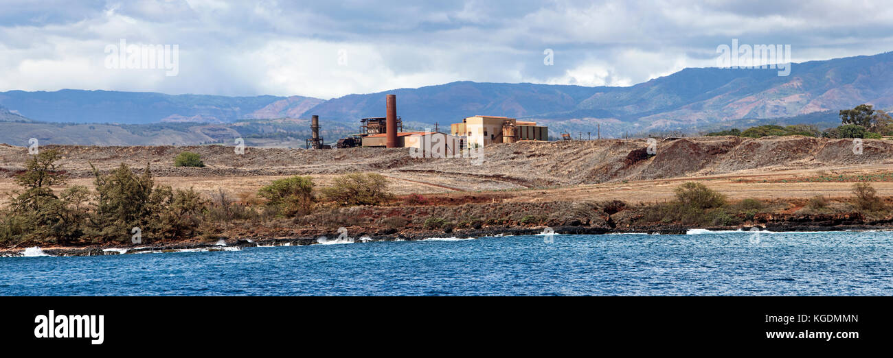 Antenne Kekaha Kauai Hawaii verlassen Zucker Mühle alte verlassene Sugar Mill. Rusty Gebäude und Anlagen. Wirtschaft Tourismus. Agrar Landwirtschaft Stockfoto