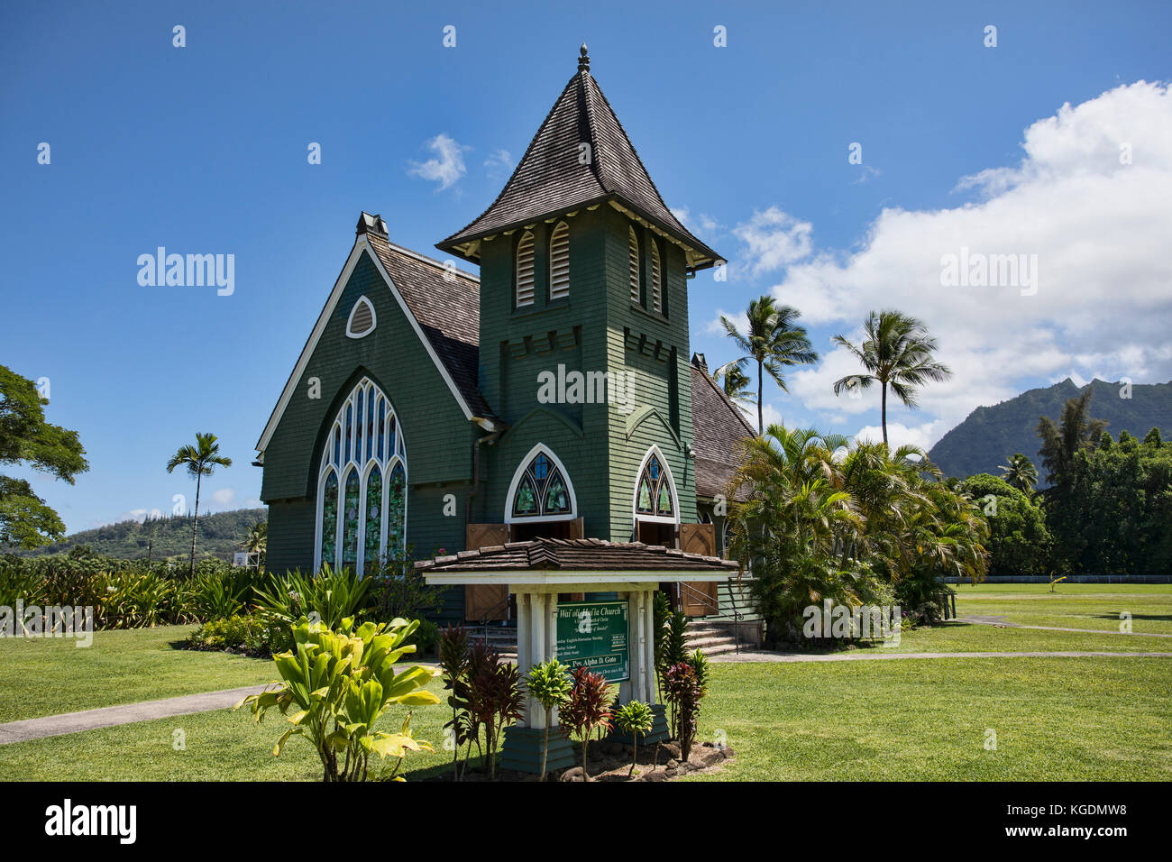 Historische Waioli Huiia Kirche erbaut 1912 Kauai, Hawaii. Mission, gegründet 1832. Tourismus und touristische Destination für historische Gebäude. Stockfoto