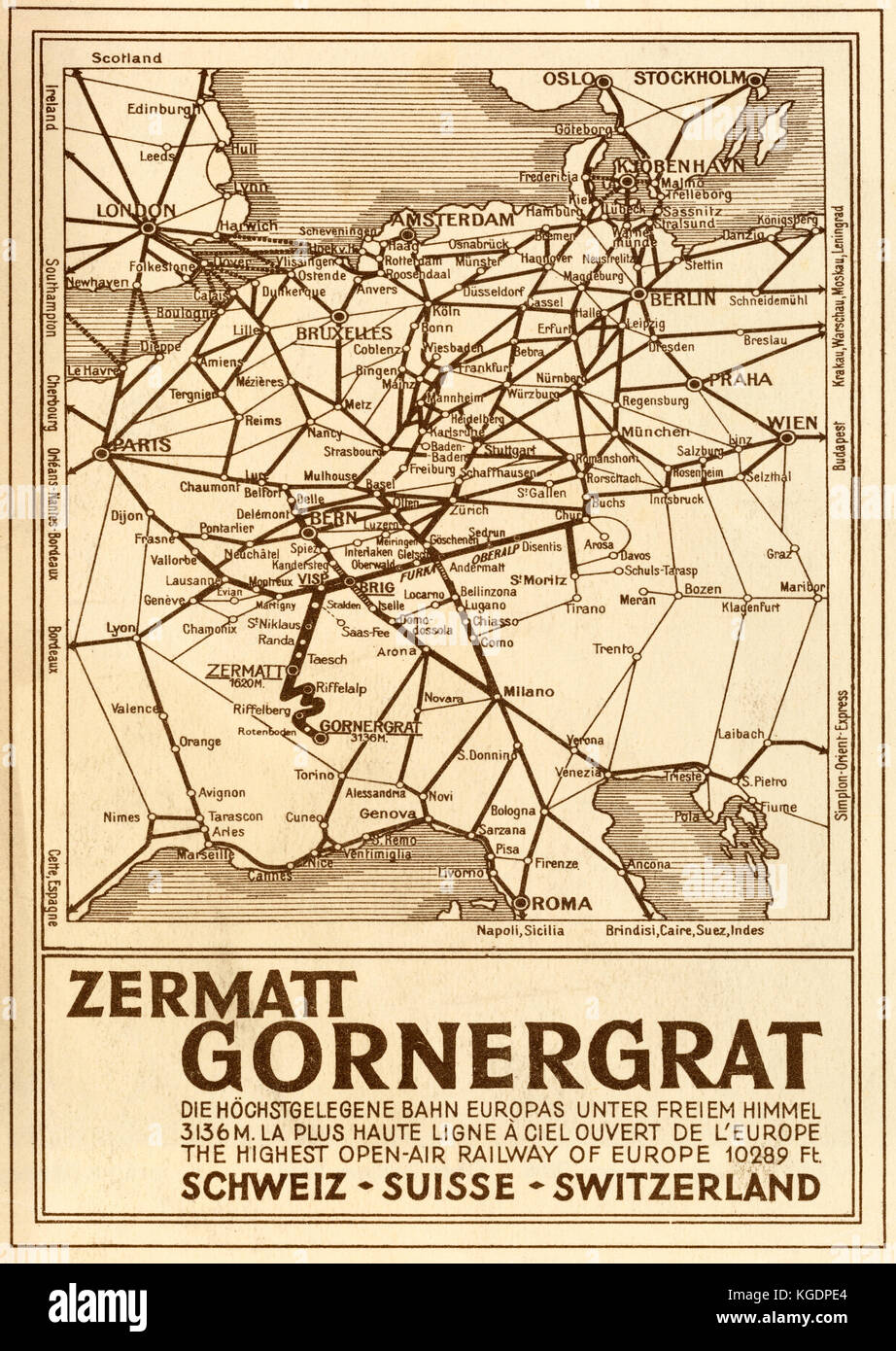 Bahn Karte von Europa auf der Rückseite des 1929 gedruckten Leitfaden für die zermatt-gornergrat Eisenbahn in Brigue, Schweiz. Der Leitfaden der Zermatt - Stockfoto