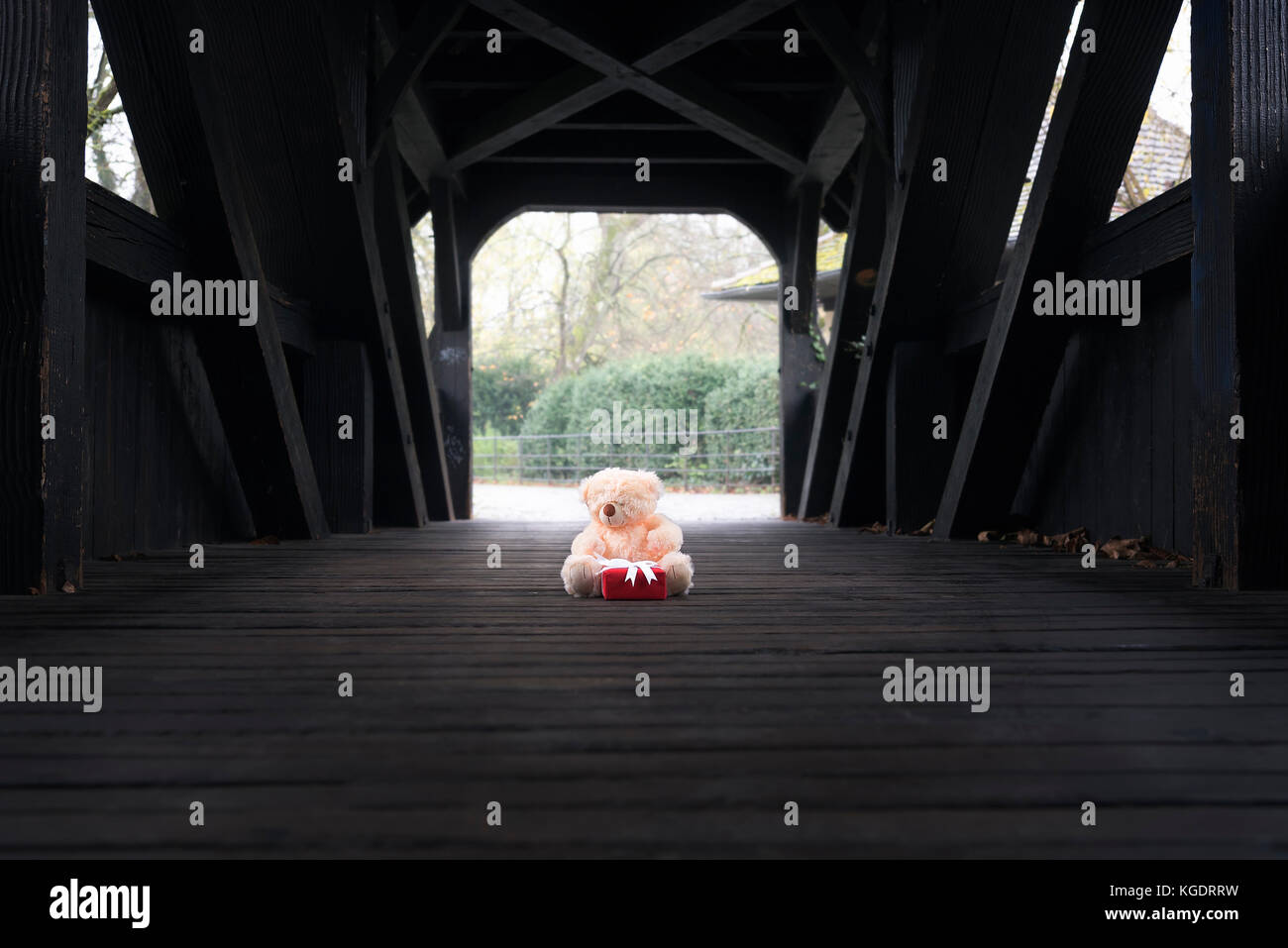 Süße Plüsch Bär Spielzeug und einem Geschenkkarton in rot Papier gewickelt und mit weißem Band und Bogen gebunden, in der Mitte eine überdachte Holzbrücke sitzt und wartet. Stockfoto