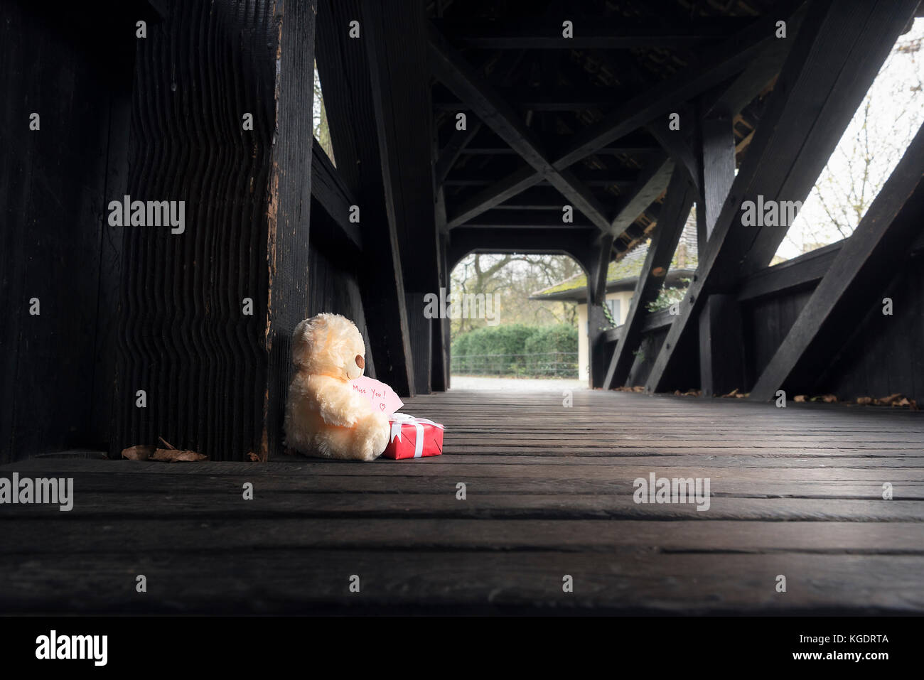 Gifting Thema Bild mit einem ausgestopften Bären Spielzeug eine Holding roter Geschenkbox und einem verpassen Sie beachten Sie, allein auf eine leere Holzbrücke. Stockfoto