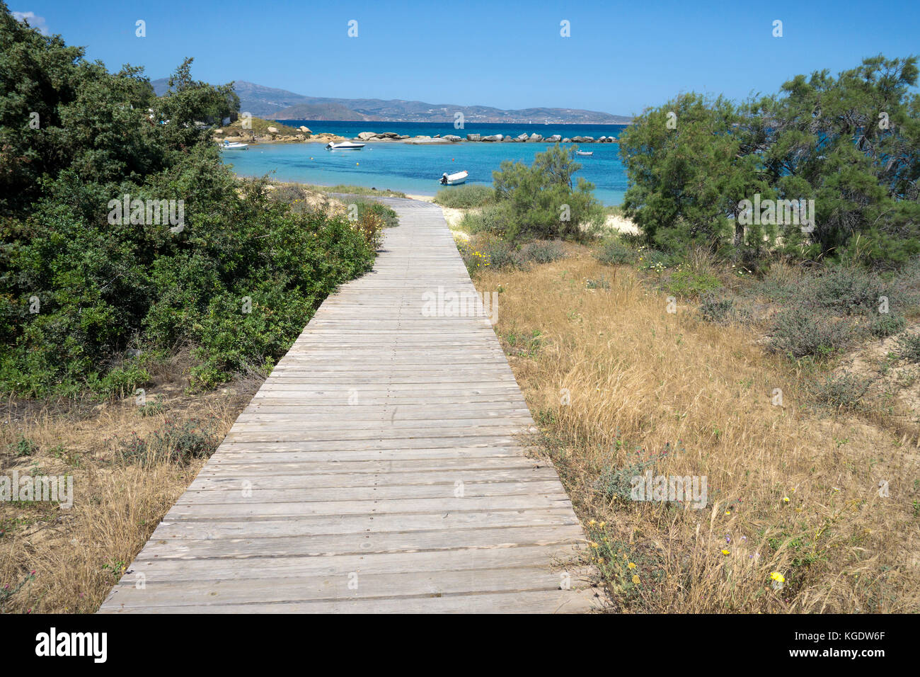 Holzstäbchen Weg führt zum Strand von Agia Anna, Westseite der Insel Naxos, Kykladen, Ägäis, Griechenland Weg führt zum Strand von Agia Anna, West Side Stockfoto