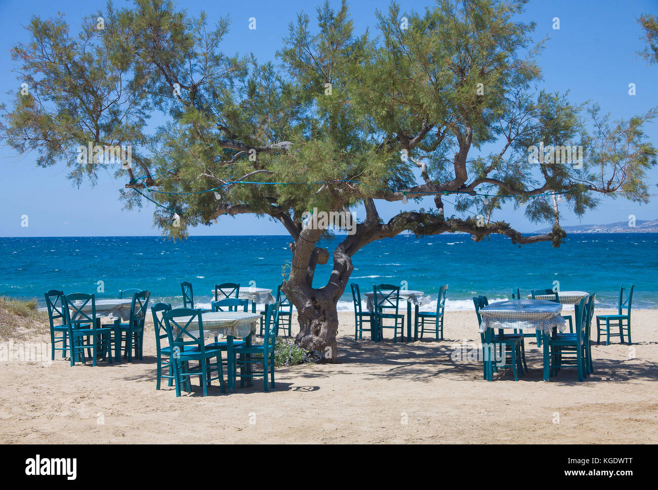 Idyllischer Ort zum Abendessen, Campingplatz Maragas Beach an der Westseite der Insel Naxos, Kykladen, Ägäis, Griechenland Stockfoto