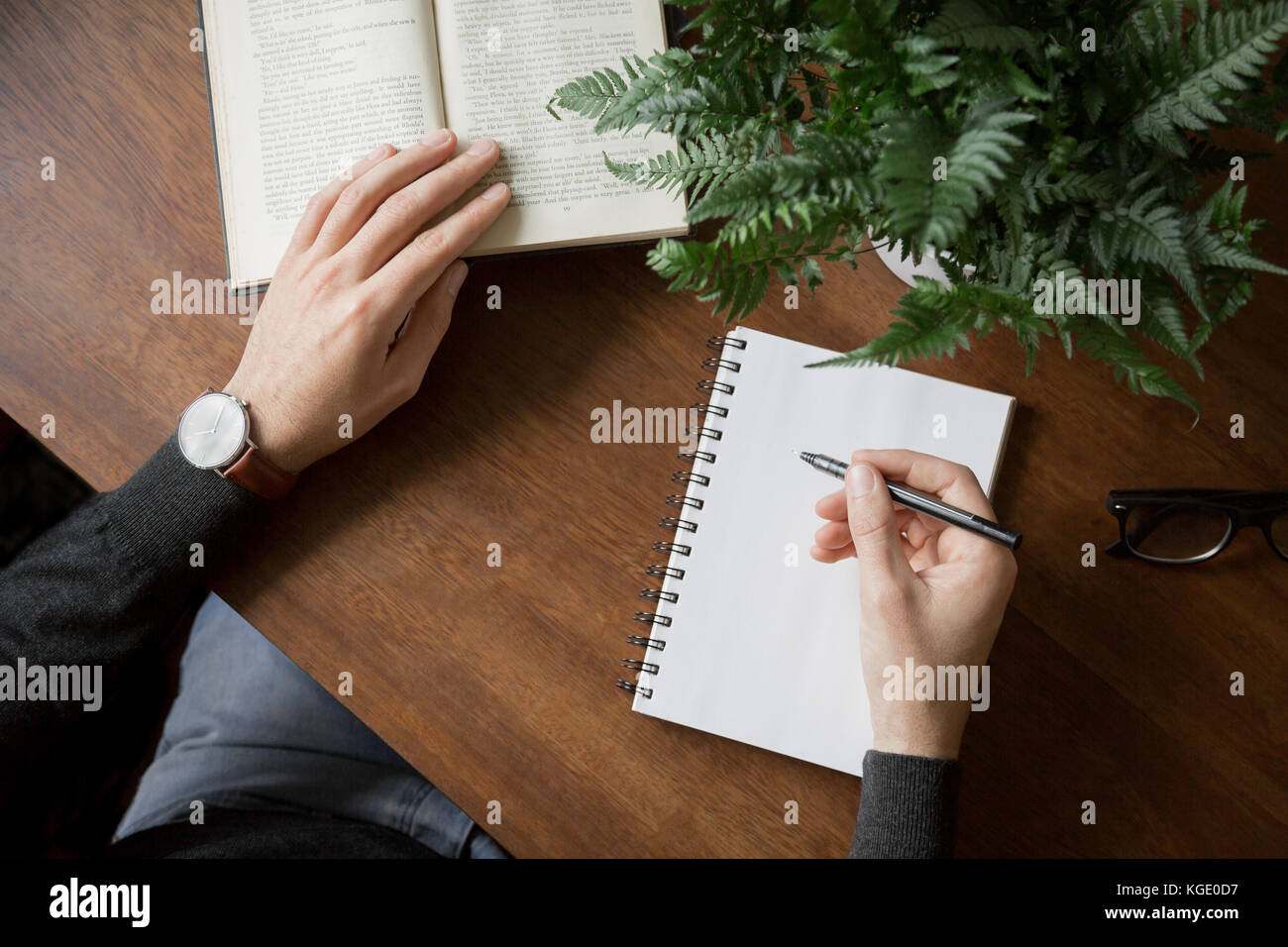 Styled lifestyle Foto von einem Mann am Schreibtisch an einem Fenster Schreiben auf einem Notizblock mit einem Buch mit einem Farn und Gläser. Stockfoto