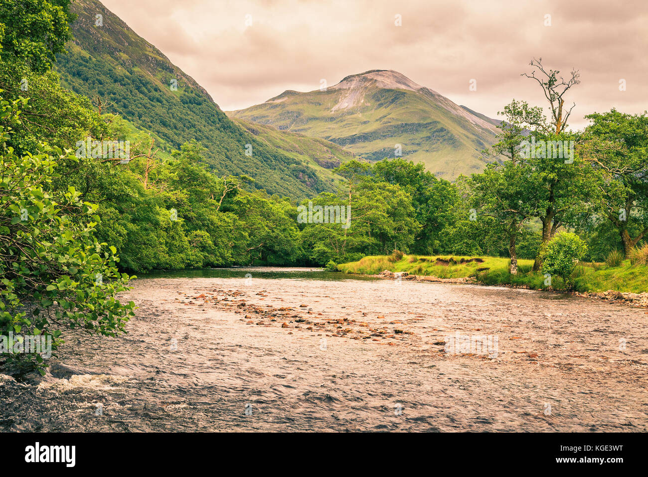 Fluss im Glen Nevis Tal, Schottland, Vereinigtes Königreich. Bewölkt Sommerabend. Stockfoto