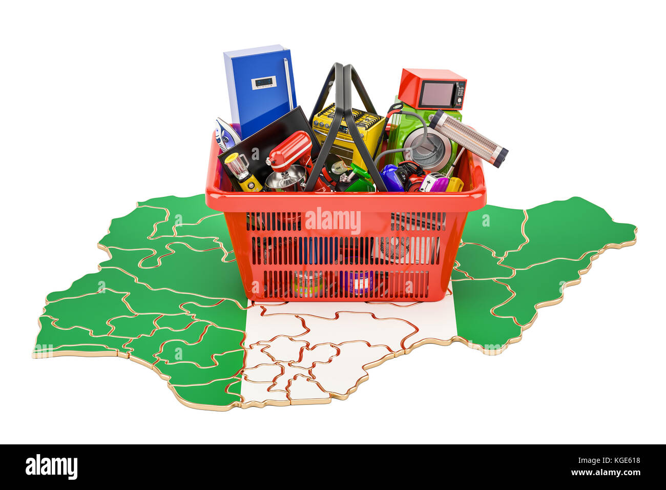 Karte von Nigeria mit Warenkorb voll von Haus- und Küchengeräte, 3D-Rendering Stockfoto