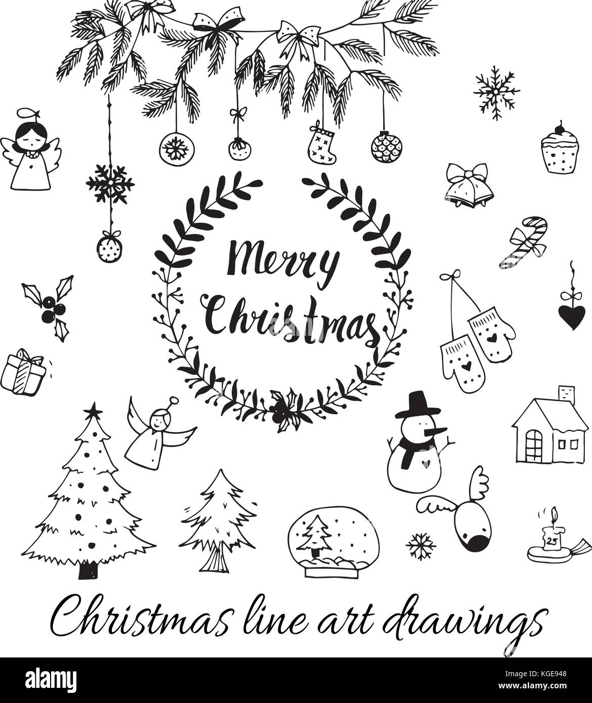 Hand gezeichnet doodle Vektor. Weihnachten Linie kunst Zeichnungen in Schwarz. tree, Santa und Schriftzug, tannenzweigen, Schmuck, Süßigkeiten, vorhanden Boxen für Geschenk Tags, Etiketten, Einladungen Karte Stock Vektor