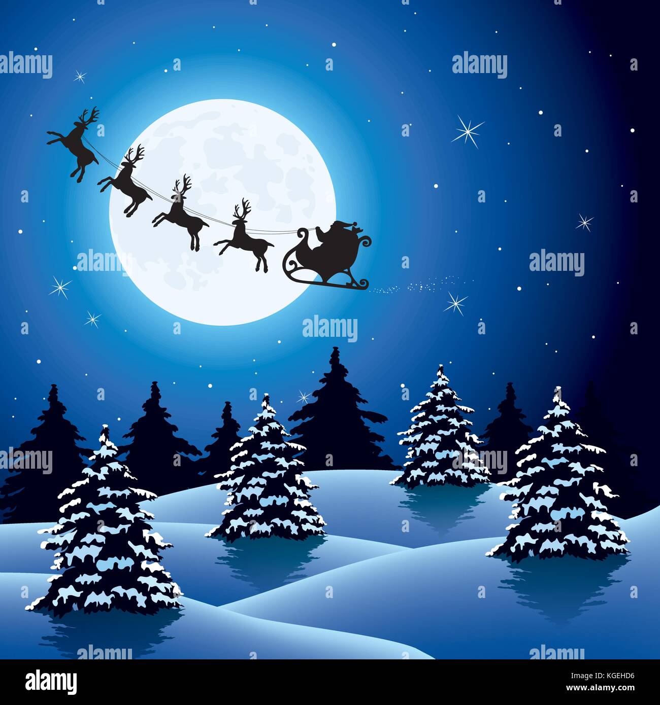 Vektor weihnachten urlaub Hintergrund mit Silhouetten der fliegende Weihnachtsmann fahren Schlitten und Rentiere. winter Nachthimmel mit hellen Mond und Sterne, Bäume Stock Vektor