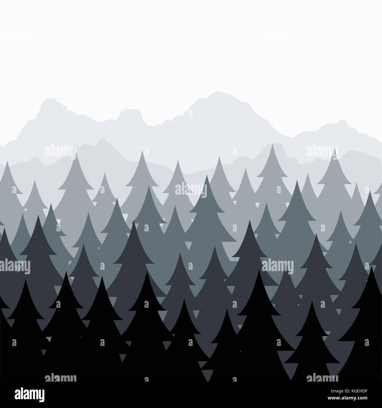 Vektor Kiefernwald nahtlose Muster abstrakte schwarz und grau Baum, Wald, Natur, Landschaft mit immergrünen Nadelbäumen und Berg silh Stock Vektor