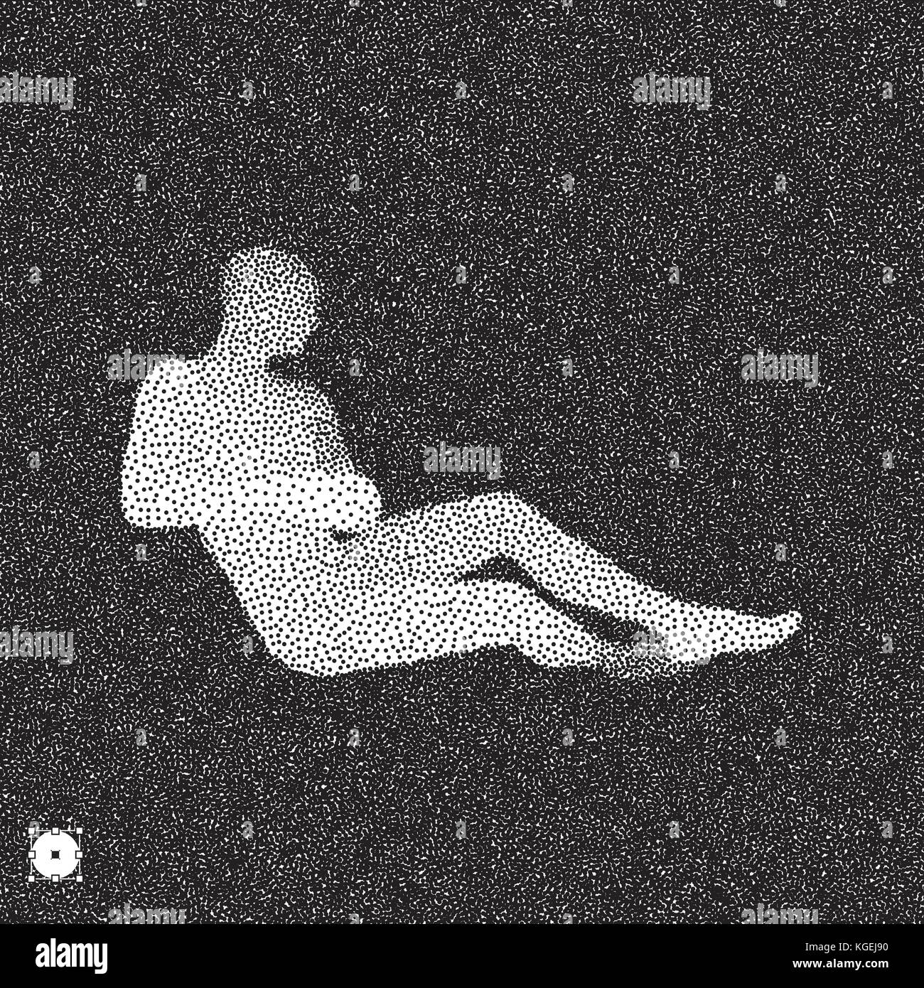 Sitzung Mann. 3D-Modell des Menschen. Schwarze und weiße körnig dotwork Design. Gepunktete Vector Illustration. Stock Vektor