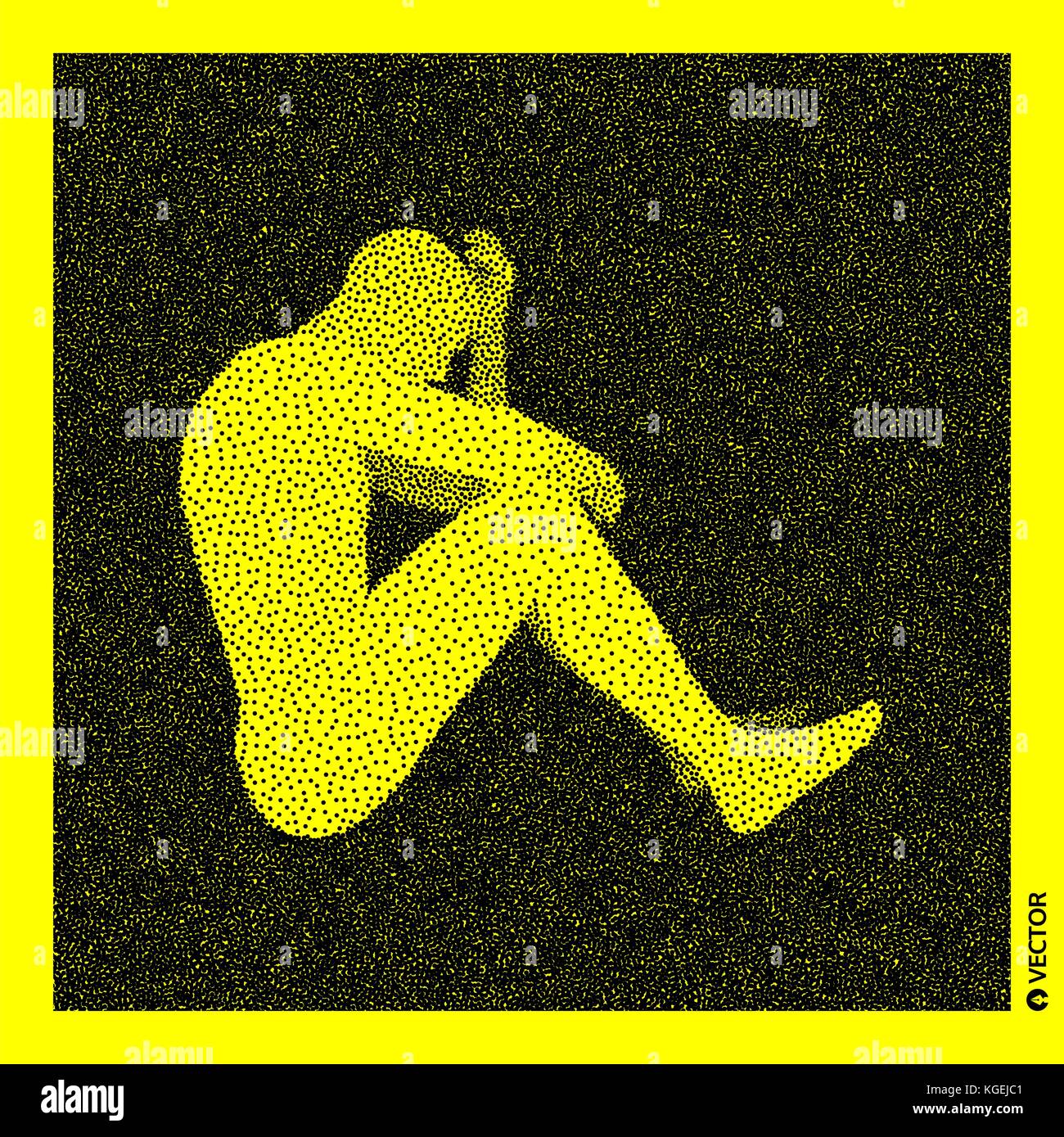 Sitzung Mann. 3d-Modell des menschlichen Körpers. Schwarz und Gelb körnig Design. gepunktet Vector Illustration. Stock Vektor