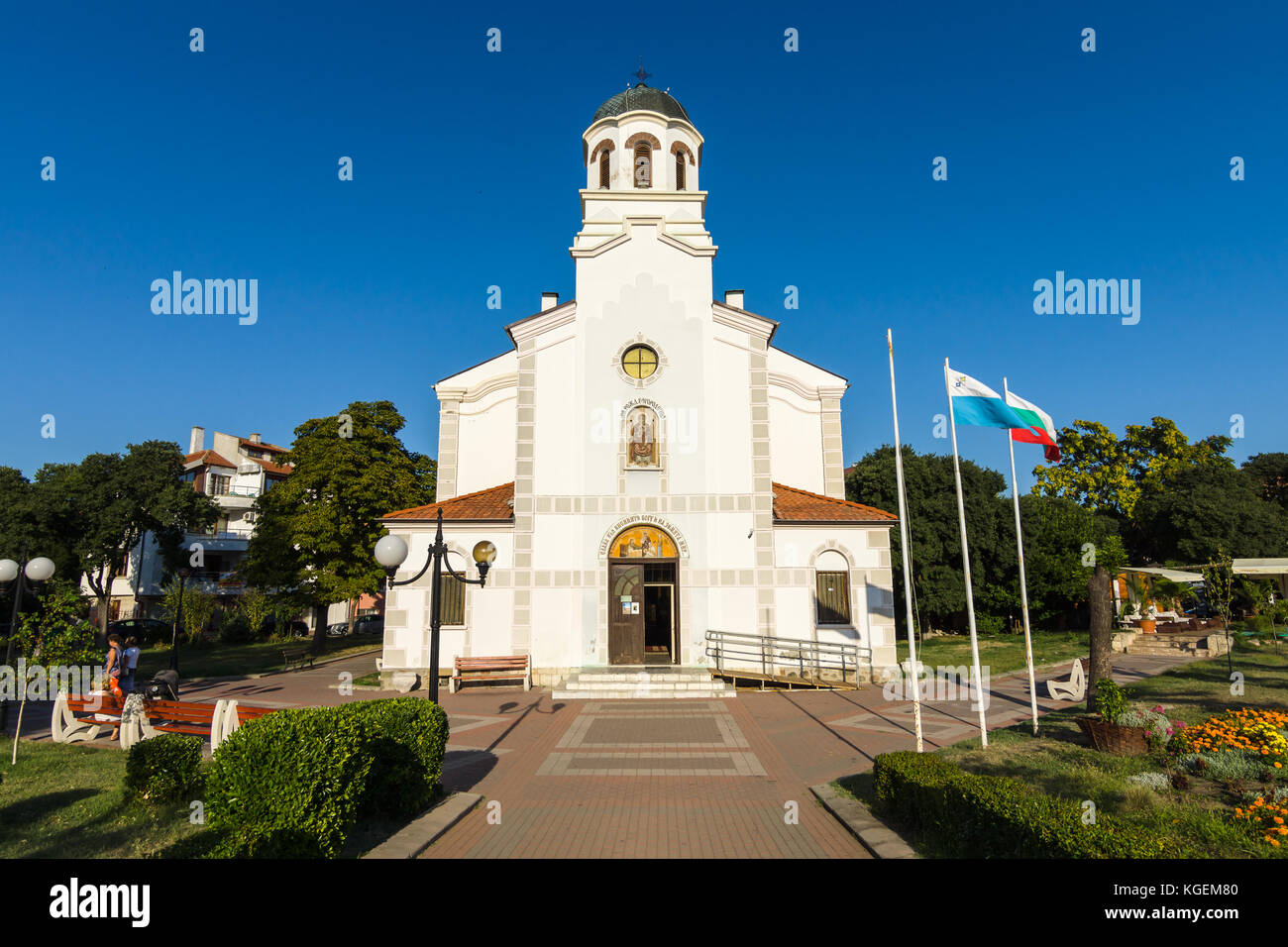 Pomorie, Bulgarien - 17. August 2017: Geburt der Theotokos Kirche. Alte Stadt Pomorie. Stockfoto