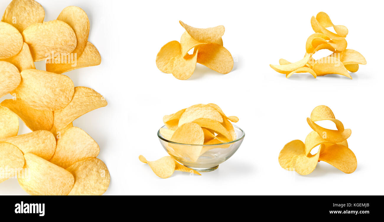 Kartoffelchips auf weißem Hintergrund. Stockfoto