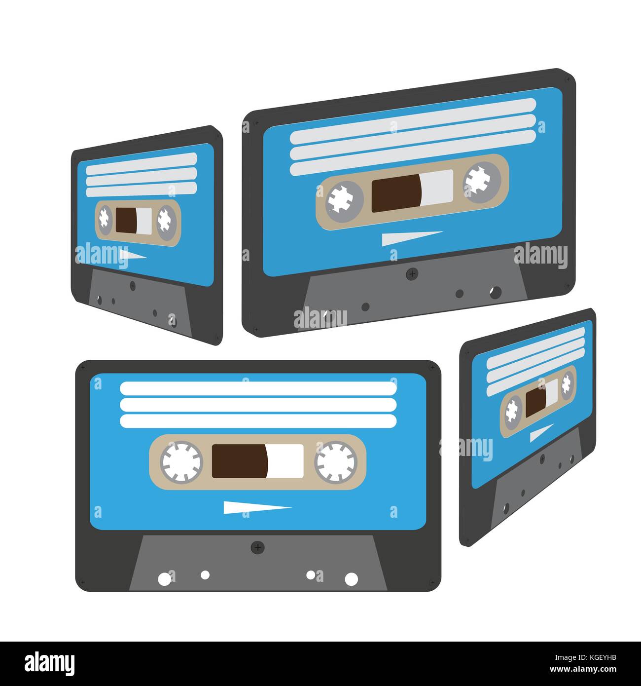 Vector Illustration von vier analor Musik oder Daten Magnetband-kassetten von zufälligen Winkeln isoliert auf weißem Stock Vektor