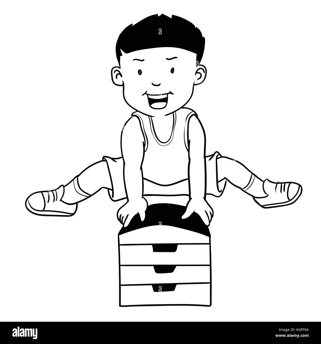 Hand gezeichnete Junge springen Gymnastik Buck, Cartoon mit Sieg unterzeichnen, auf weißem Hintergrund. Schwarz und Weiß eine einfache Linie vektor Illustration für Co Stock Vektor