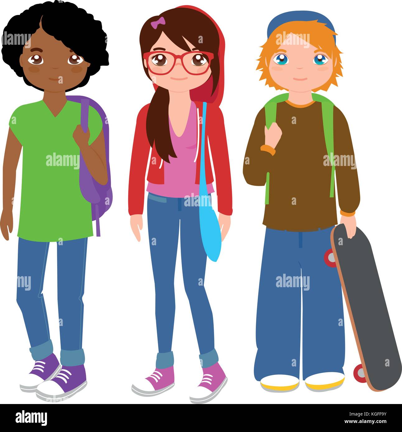 Vector Abbildung von zwei Jungen und ein Mädchen im Teenageralter Studierende mit Schule Taschen, Rucksäcke und Skateboard. Stock Vektor