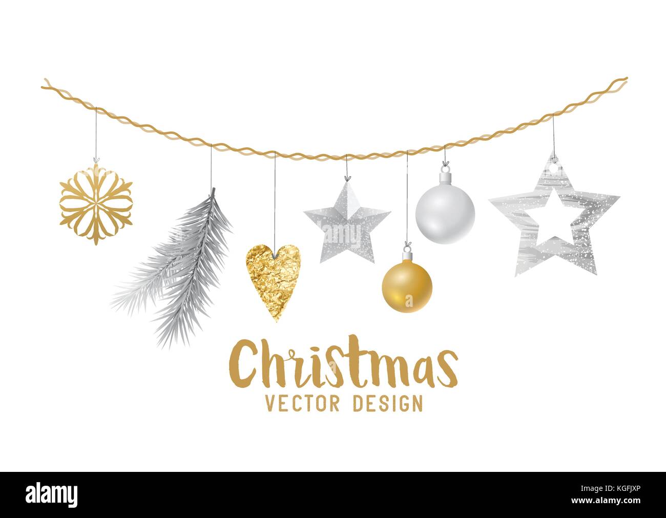 Hängende silber und gold Weihnachtsschmuck Zusammensetzung mit Fir Tree Branches, Holz- Sterne und xmas Flitter. Vector Illustration Stock Vektor