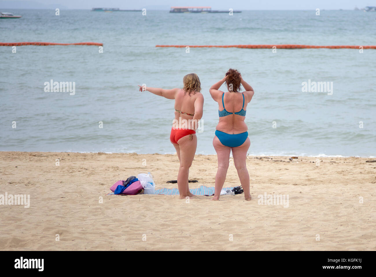 Reife weibliche Freunde in Bikinis am Strand. Frau Bikini. Stockfoto
