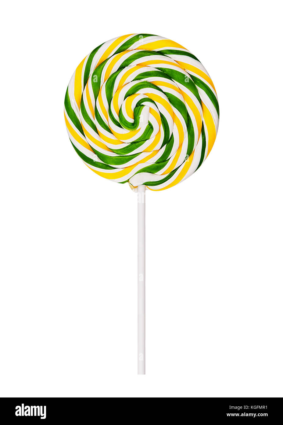 Runde Spirale Lollipop mit einer Kombination aus Gelb, Grün und Weiß isoliert Stockfoto