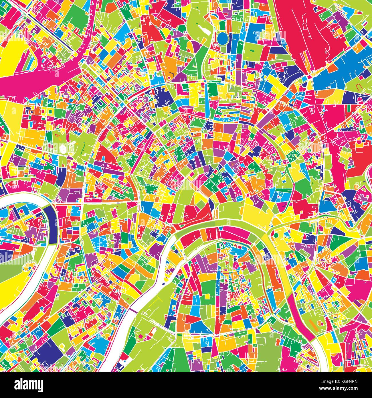 Moskau, Russland, bunte Vektorkarte. Weiße Straßen, Schienen und Wasser. Helle farbige Wahrzeichen formen. Kunst Muster drucken. Stock Vektor