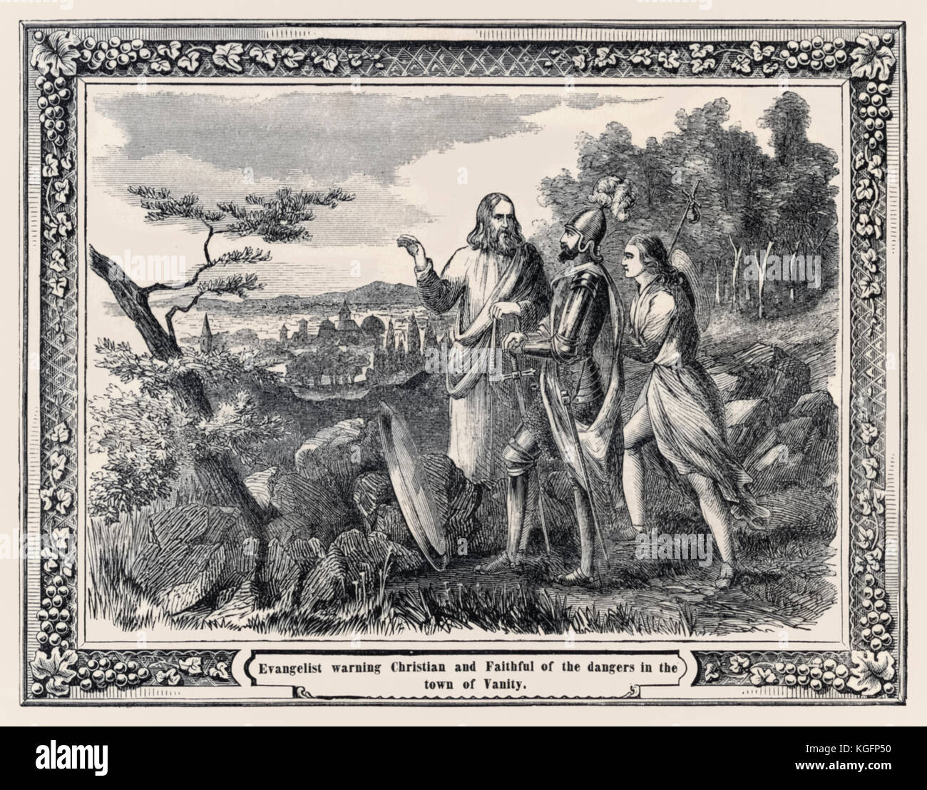 "Evangelist Warnung Christen und Gläubigen der Gefahren in der Stadt Eitelkeit' aus dem 'der bildnerischen Pilgerreise' von H.H.Lloyd & Co. in New York im Jahr 1862 veröffentlichte auf der Grundlage von "Fortschritte der Pilger aus dieser Welt, zu dem, was noch kommen wird" von John Bunyan (1628-1688) Erstmals im Jahre 1678 veröffentlicht. Stockfoto