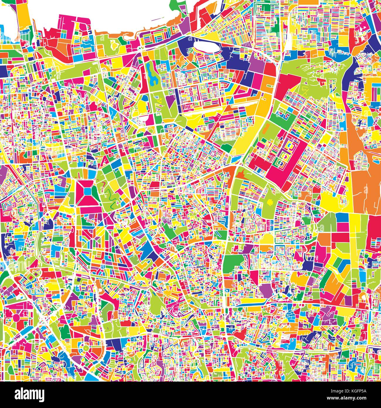 Jakarta, Indonesien, bunte Vektorkarte. Weiße Straßen, Schienen und Wasser. Helle farbige Wahrzeichen formen. Kunst Muster drucken. Stock Vektor