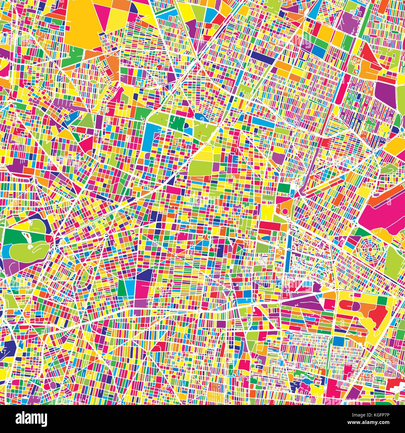 Mexiko City, Mexiko, bunte Vektorkarte. Weiße Straßen, Schienen und Wasser. Helle farbige Wahrzeichen formen. Kunst Muster drucken. Stock Vektor