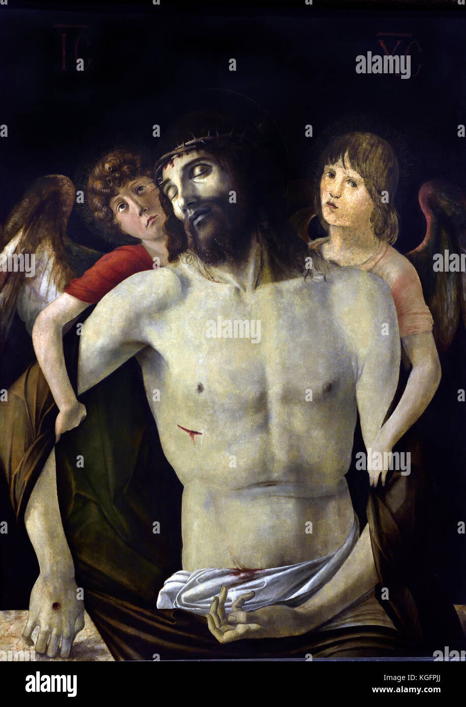 Den toten Christus, unterstützt durch Engel 1465-70 Giovanni Bellini, 1459 - 1516, war ein italienischer Renaissance, Maler, Italien. Stockfoto