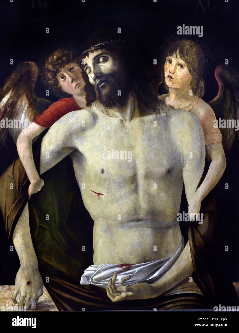 Den toten Christus, unterstützt durch Engel 1465-70 Giovanni Bellini, 1459 - 1516, war ein italienischer Renaissance, Maler, Italien. Stockfoto
