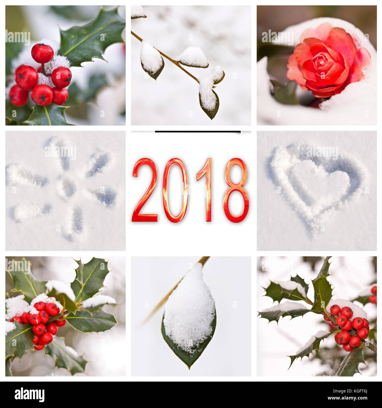 2018, Schnee und Winter Rot und Weiß Natur Fotos collage Stockfoto