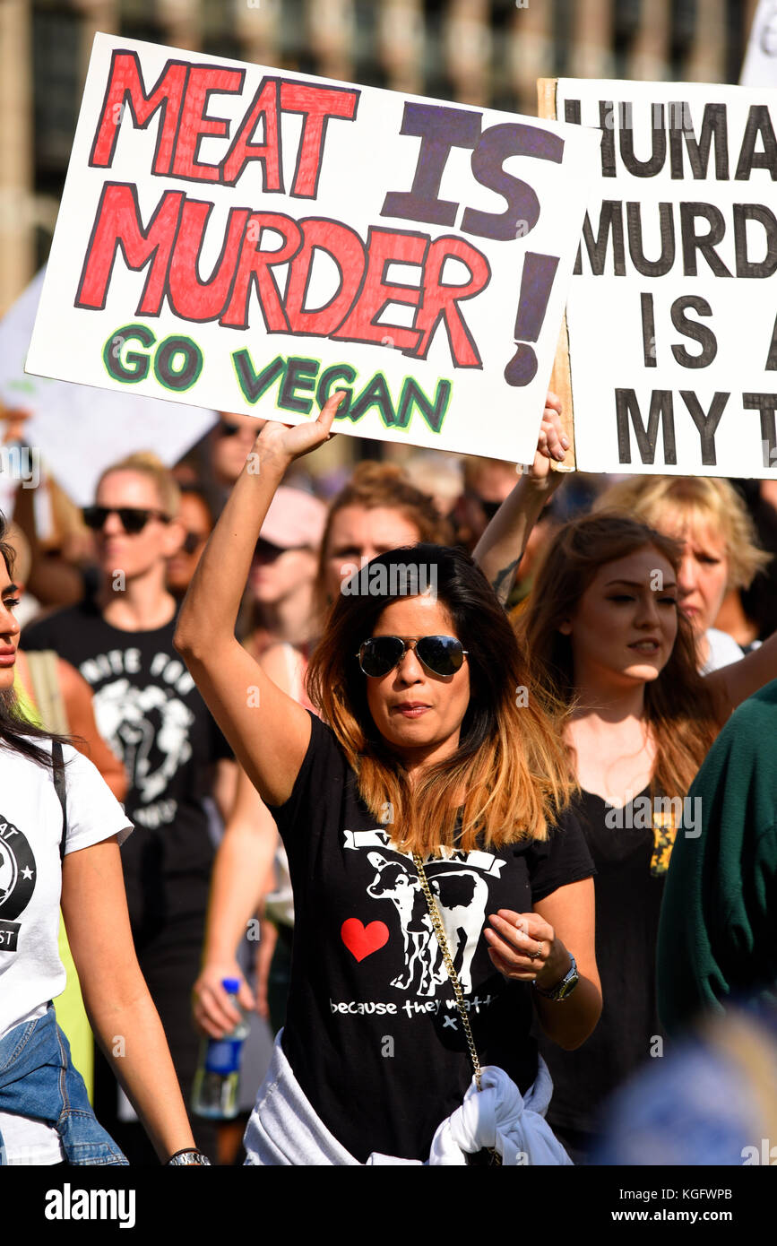 Fleisch ist Mordplakat. Weibliche vegane Aktivistin protestiert in Whitehall London während einer demonstrationsmarsch für Tierrechte Stockfoto