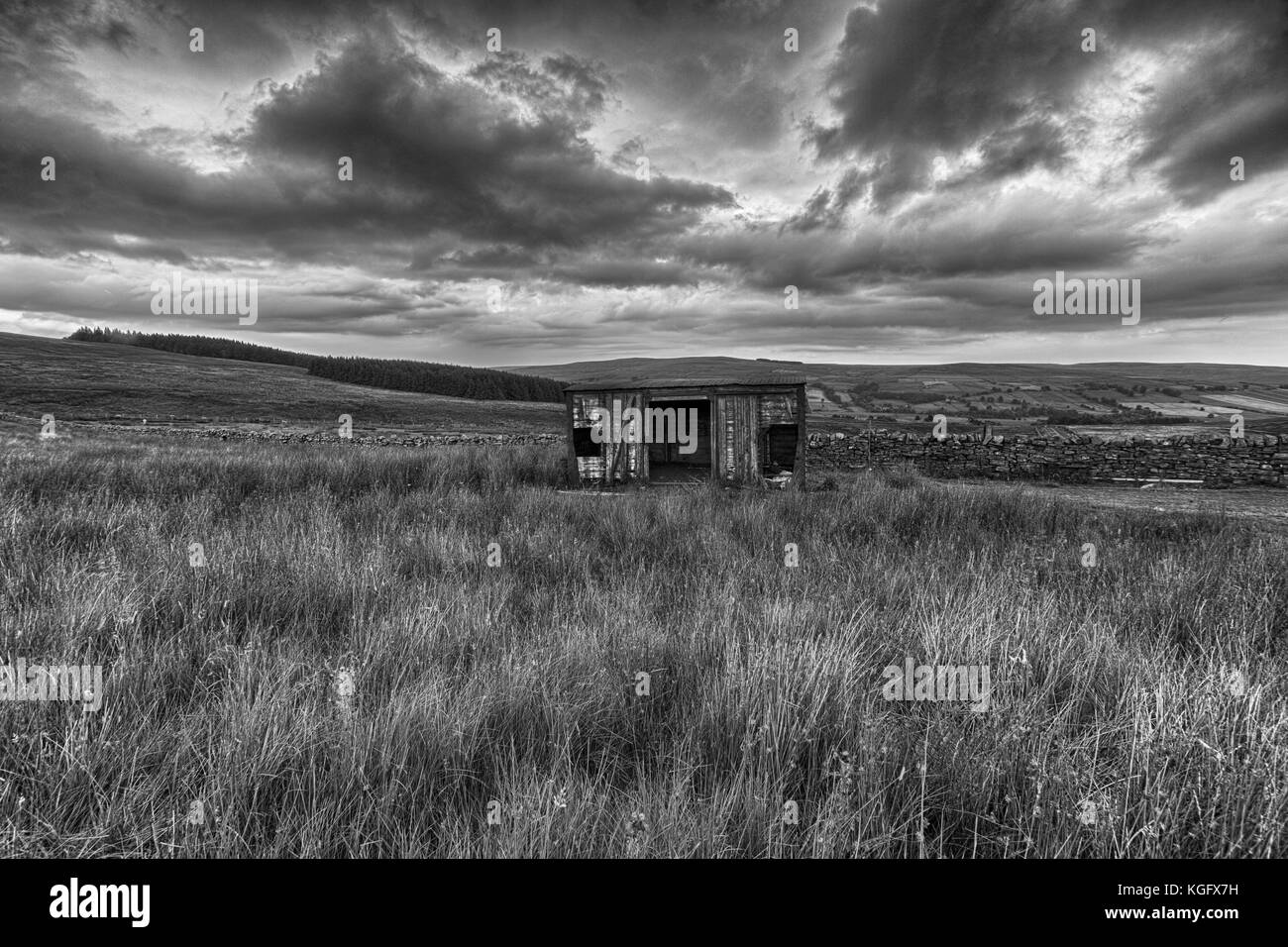Ein alter Zugwagen sitzt auf Chapel fiel auf der Straße zwischen StJohns Chapel in Weardale und Teesdale in der anderen Richtung. Stockfoto