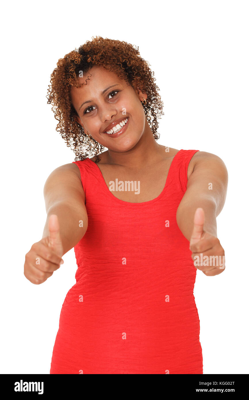 Junge afrikanische amerikanische Frau, Daumen hoch. auf weißem isoliert. Stockfoto