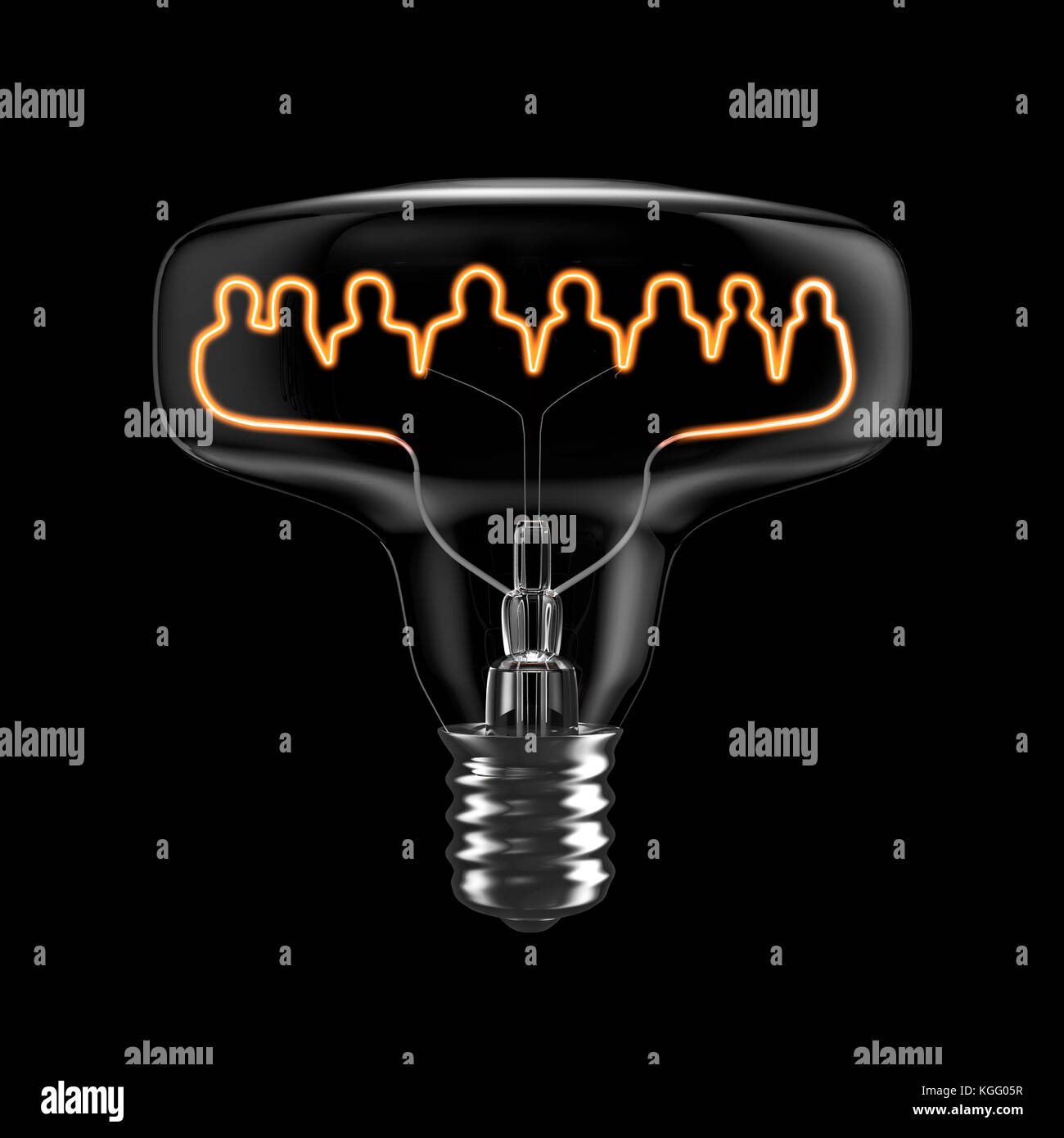 Teamwork Glühlampe/3D-Darstellung der Glühbirne mit einer Gruppe von Menschen geformt glühen Glühfaden Stockfoto
