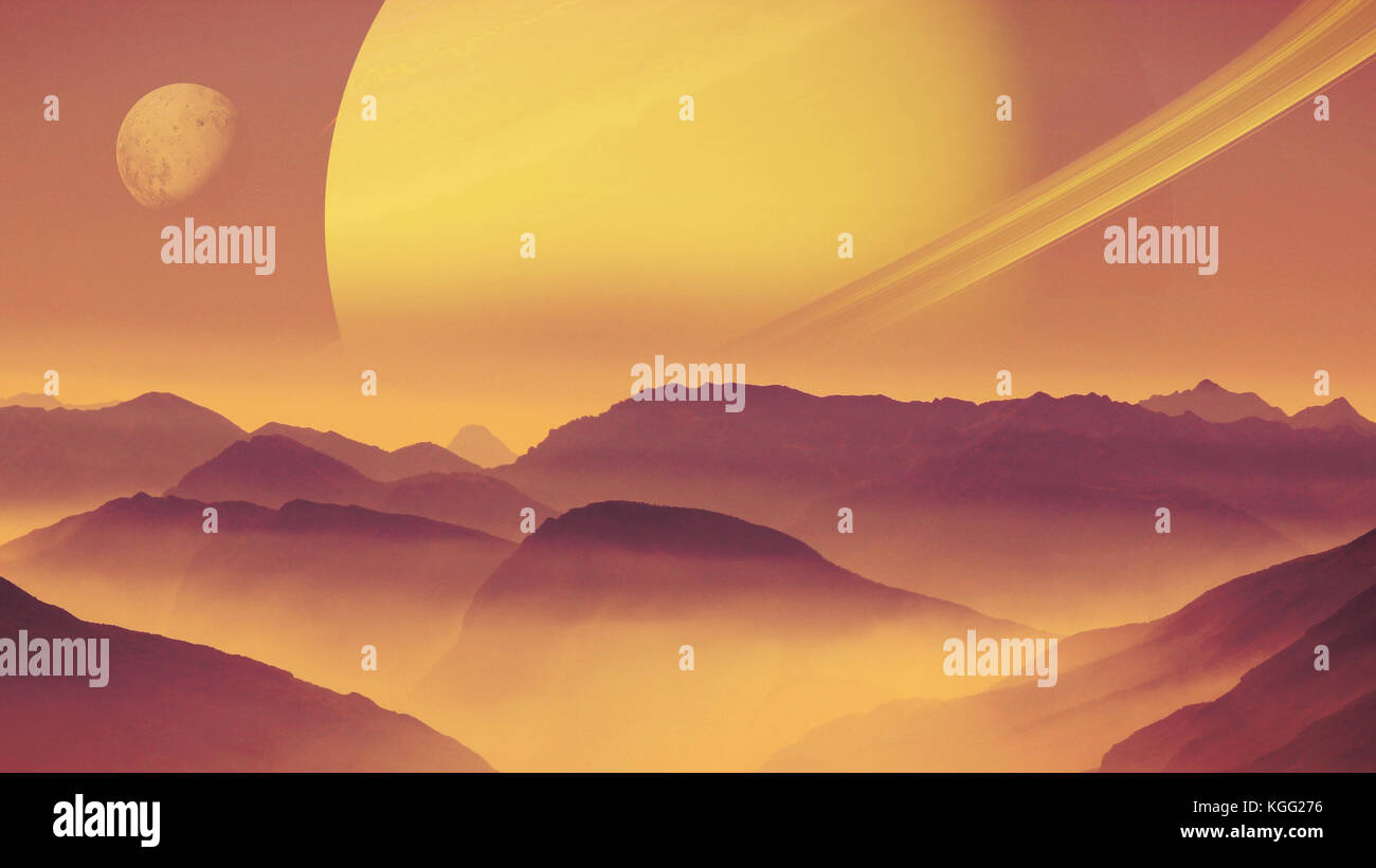 Fremden Planeten Landschaft mit Planeten und Mond im Himmel (3D-Render, Elemente dieses Bild von der Nasa eingerichtet sind). Stockfoto