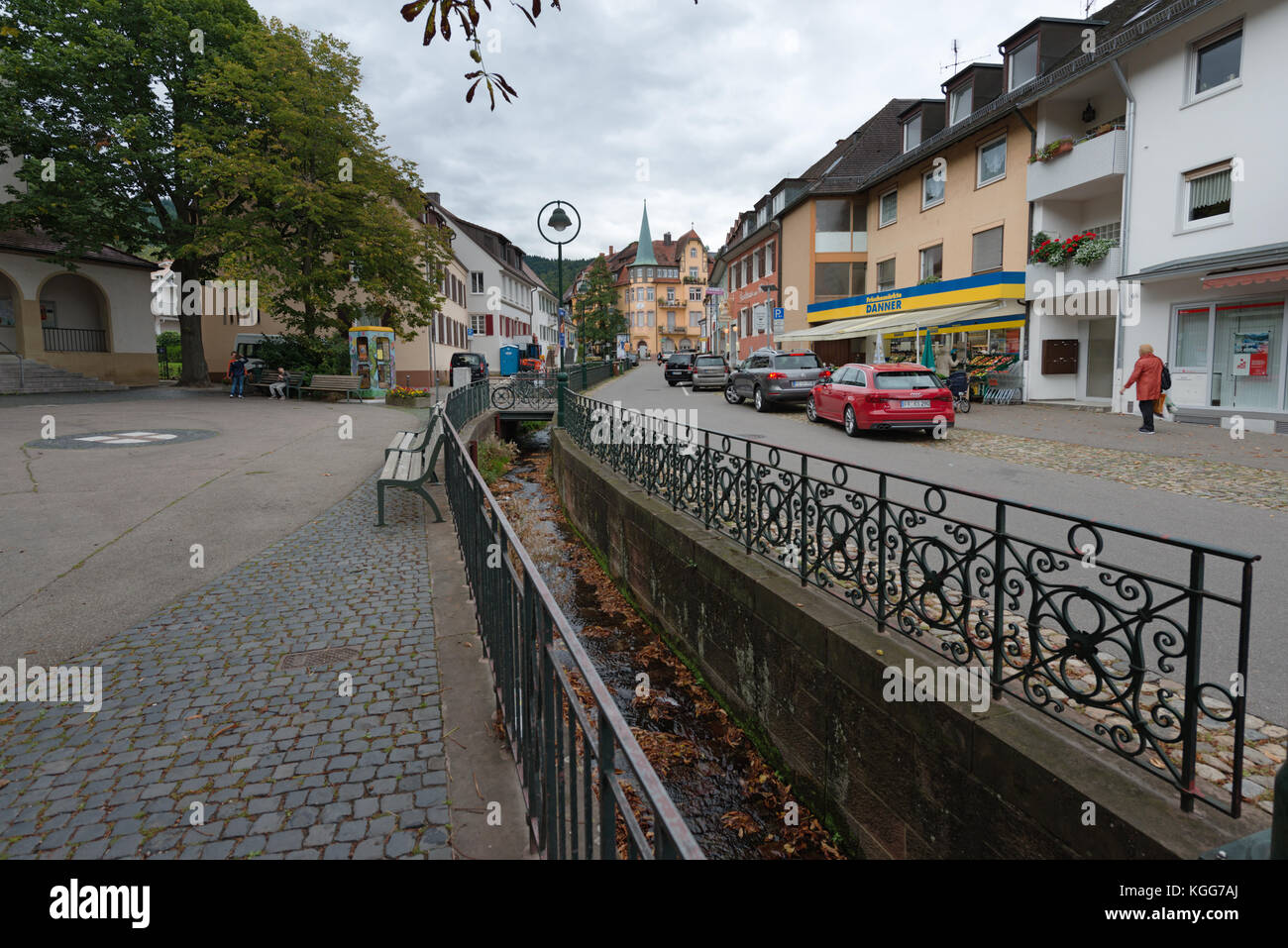 Hauptstraße in Freiburg im Breisgau mit einer Dachrinne Stockfoto