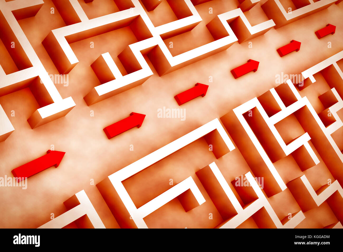 Grunge Labyrinth Struktur, rote Pfeile angezeigt, die Abkürzung durch das Labyrinth Garten (3d-vintage Abbildung) Stockfoto