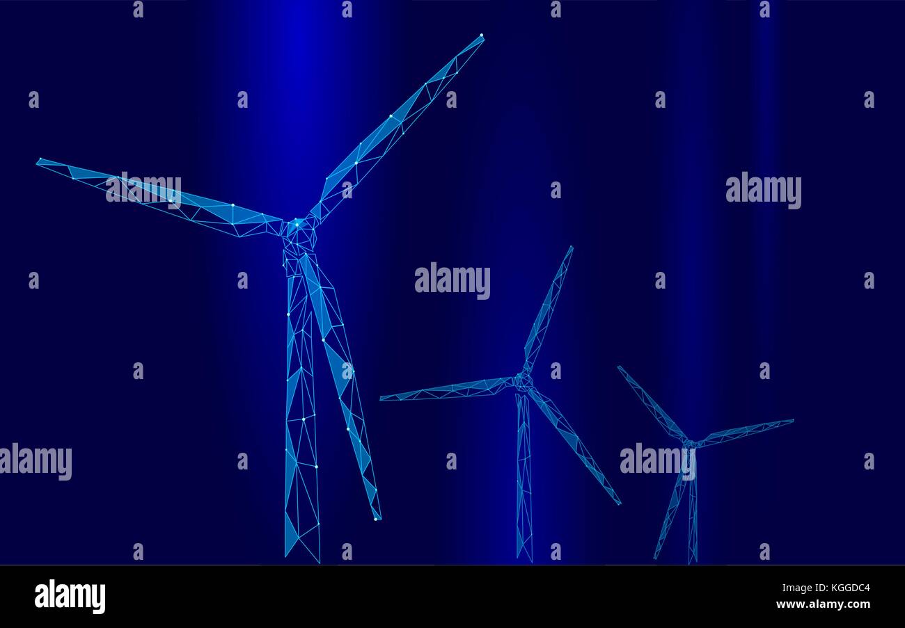Wind Generator Low Poly abstrakt Hintergrund. Ökologie grüne Energie Strom Business Konzept sparen. Mühle Turm Nacht dunkel blauen Himmel Wolken landsca Stock Vektor