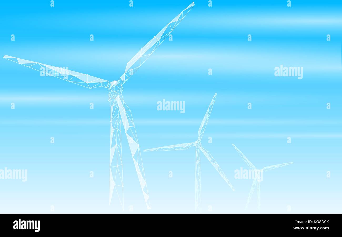 Wind Generator Low Poly abstrakt Hintergrund. Ökologie grüne Energie Strom Business Konzept sparen. Mühle Turm auf blauen himmel wolken landschaft polyg Stock Vektor
