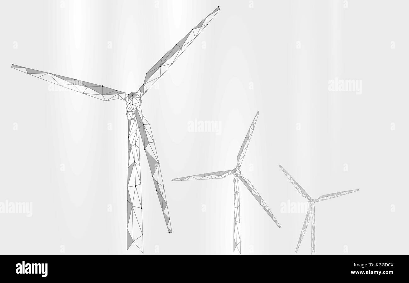 Wind Generator Low Poly abstrakt Hintergrund. Ökologie grüne Energie Strom Business Konzept sparen. Mühle Turm weiß Grau himmel wolken landschaft Po Stock Vektor