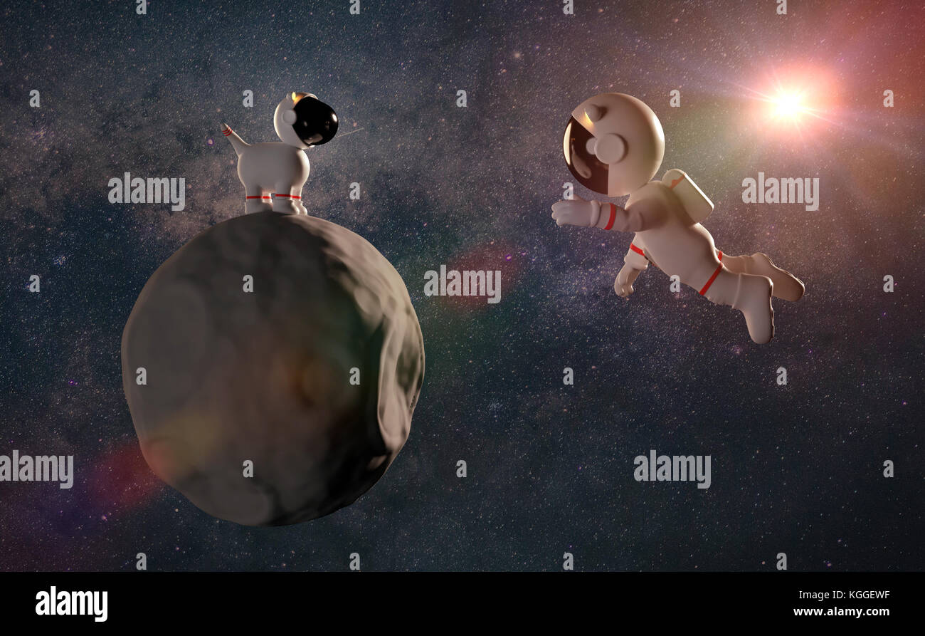 Cute cartoon Astronaut Charakter und einen Space Dog auf Asteroid in weißen Raumanzügen vor-Feld (3D-Rendering) Stockfoto