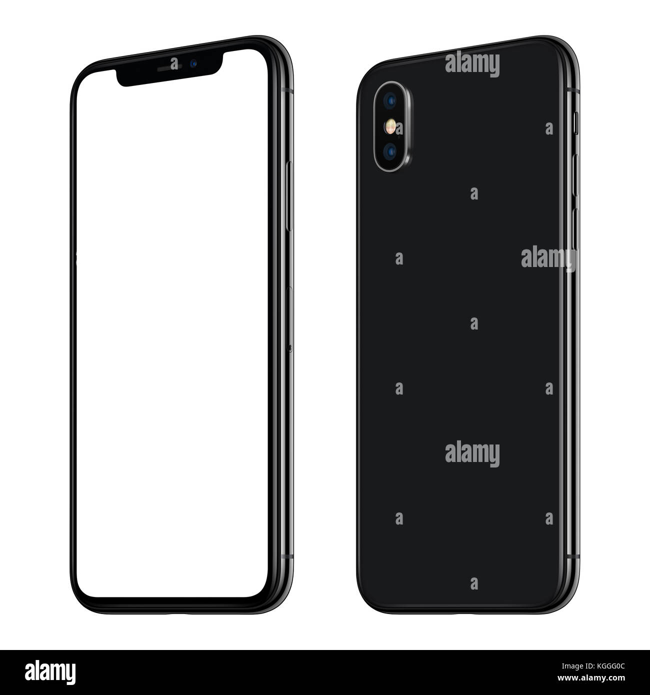 Neue BlackBerry-Smartphone-Modell ähnlich wie bei iPhone X Vorder- und Rückseite CW auf weißem Hintergrund gedreht isoliert. Stockfoto
