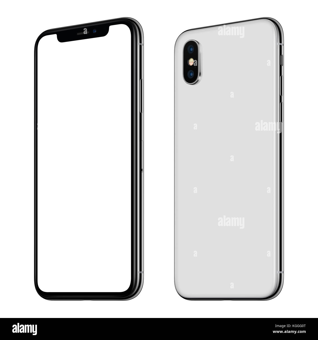 Neue weiße Smartphone mockup ähnlich iPhone X Vorder- und Rückseite CW auf weißem Hintergrund gedreht isoliert. Stockfoto