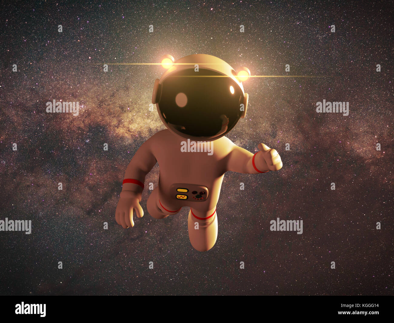 Cartoon astronaut Charakter im weissen Anzug vor der Milchstraße (3d-Abbildung) Stockfoto