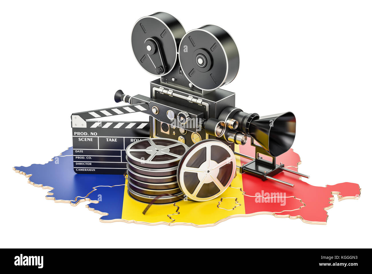 Rumänische Kinematographie, Filmindustrie Konzept. 3D-Rendering auf weißem Hintergrund Stockfoto