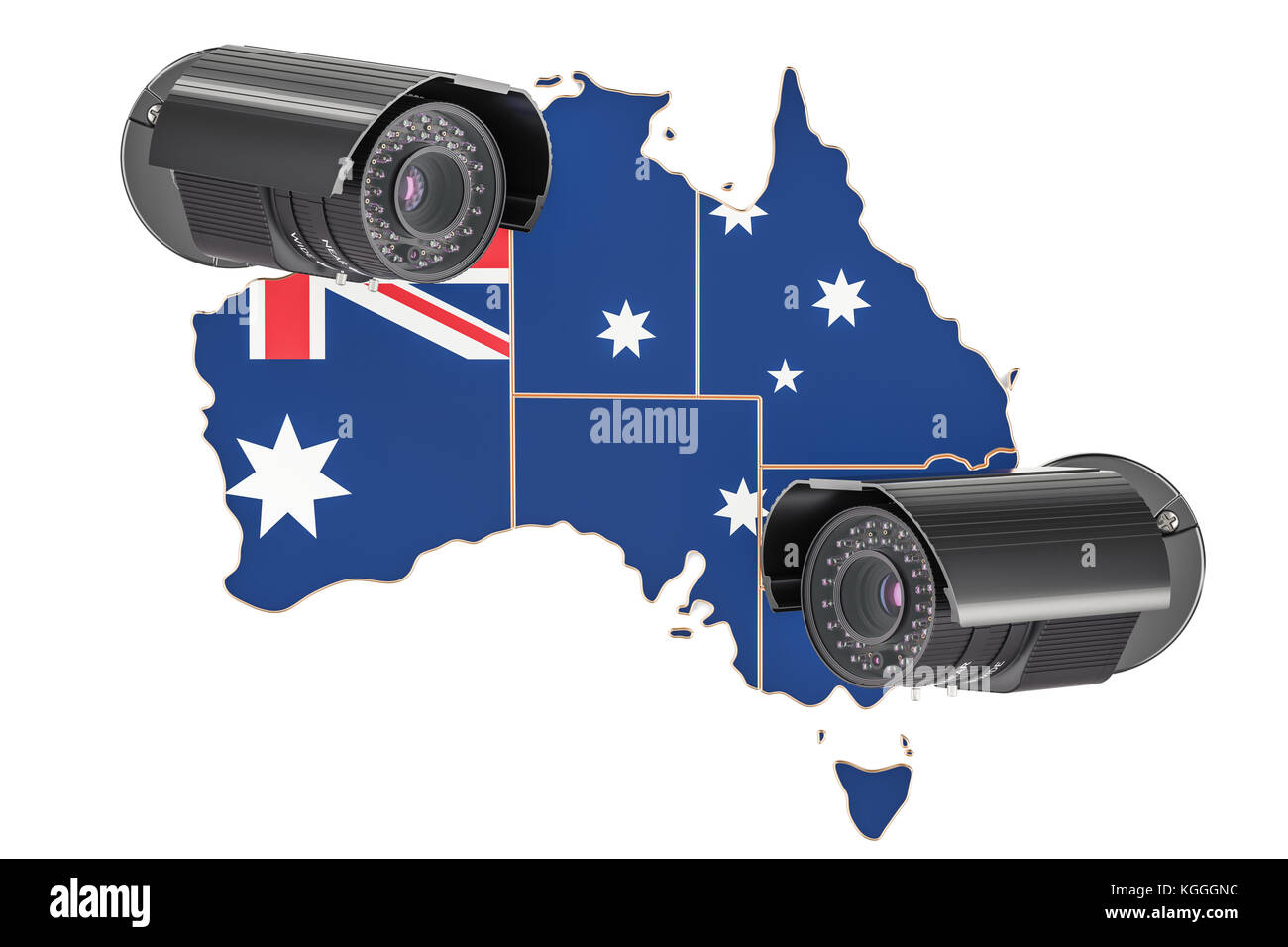 Überwachung und Sicherheit System Konzept in Australien. 3D-Rendering auf weißem Hintergrund Stockfoto