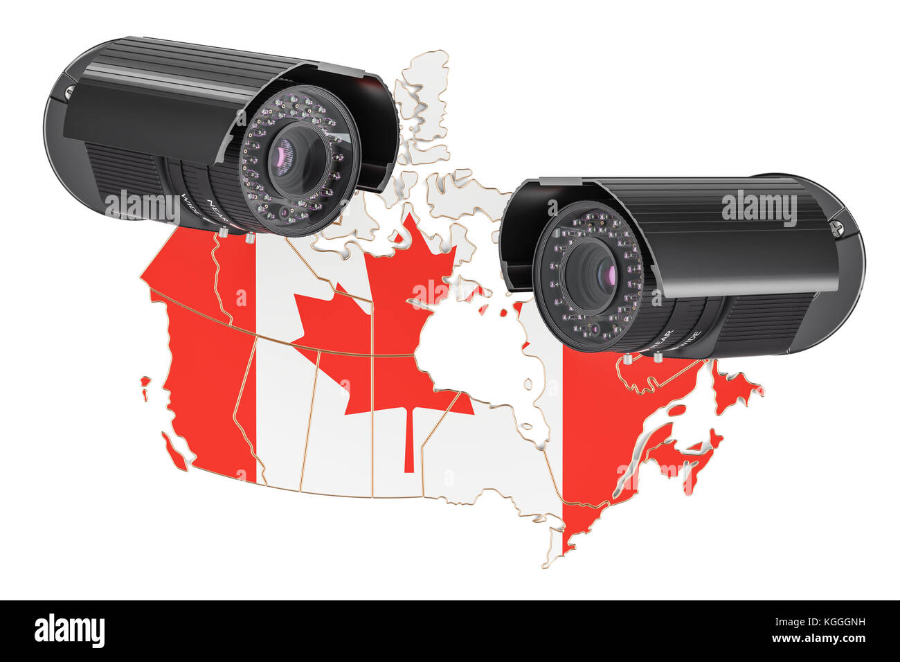 Überwachung und Sicherheit System Konzept in Kanada. 3D-Rendering auf weißem Hintergrund Stockfoto